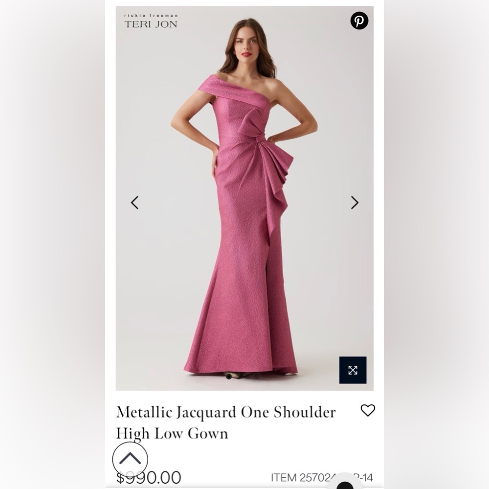 Teri Jon Metallic Jacquard One-Shoulder Gown